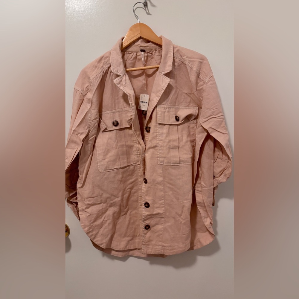 New Free People pink blush pink cotton linen shirt jacket blazer